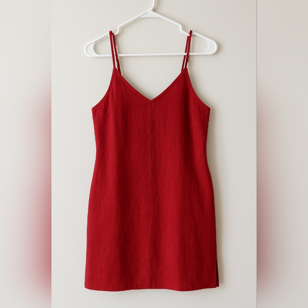 Amazhiyu Red 100% Linen Slip Dress | Adjustable Straps + Hidden Pockets | Size S